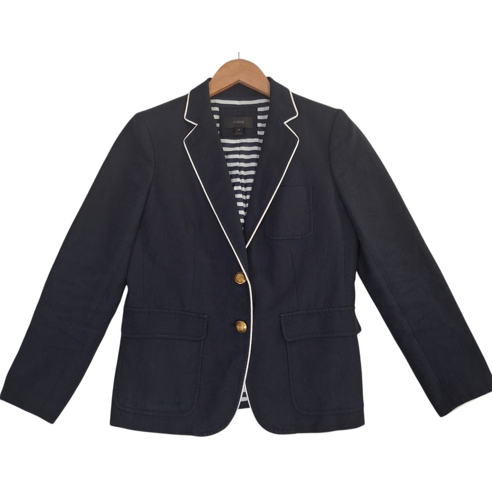 J. Crew Navy Linen Rhodes Blazer White Piping Gold Buttons Size 8P